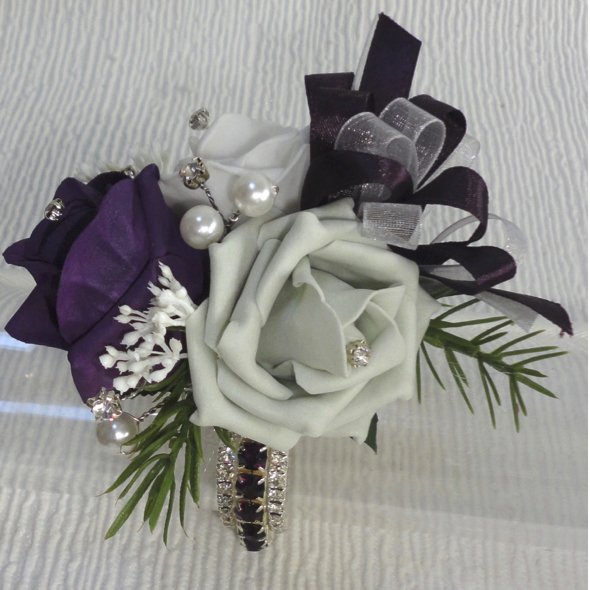 Plum/Aubergine Silver Grey & White Wrist Corsage